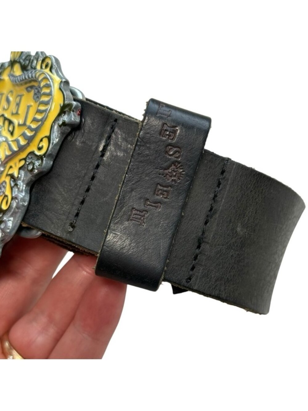 Vintage Y2K Diesel Leather Belt Size 34 Made in Italy Western Bull Skull - Picture 4 of 9